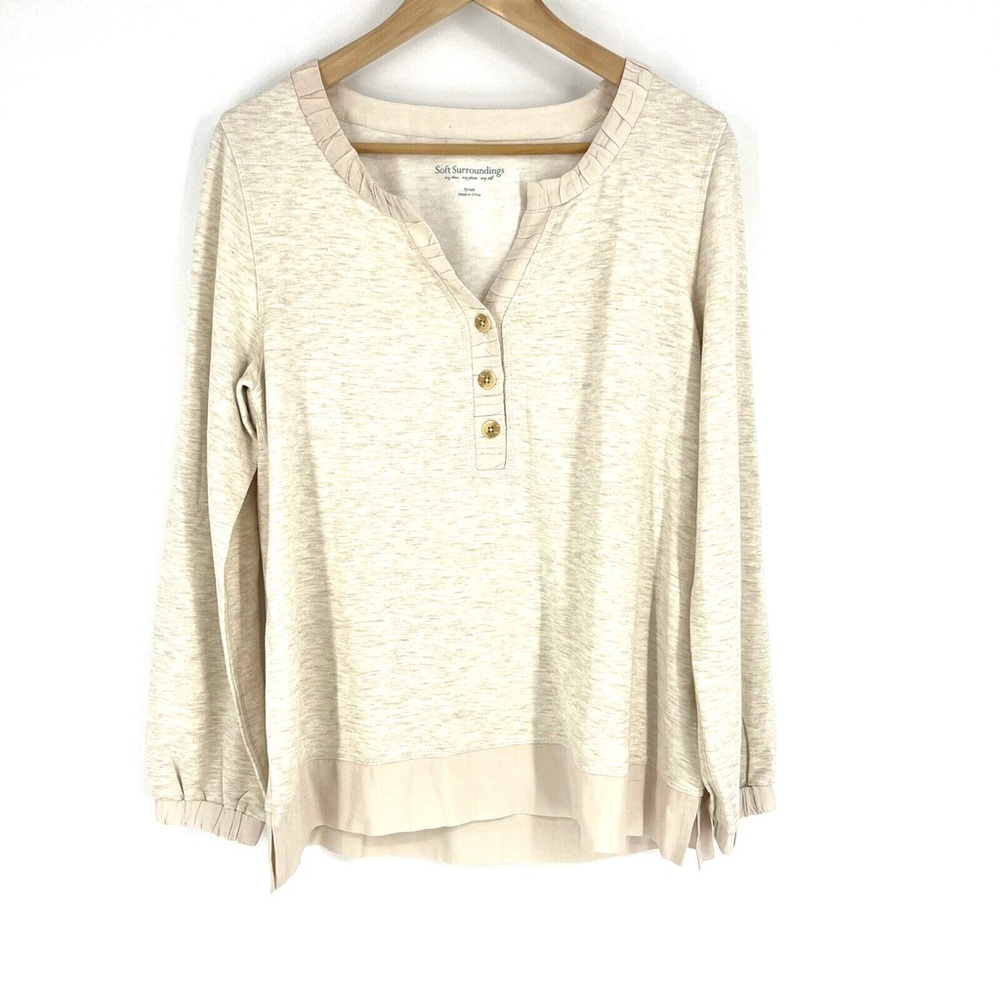 Soft Surroundings Rue Cler Long Sleeve Pullover Henley Styke Button Cream Top